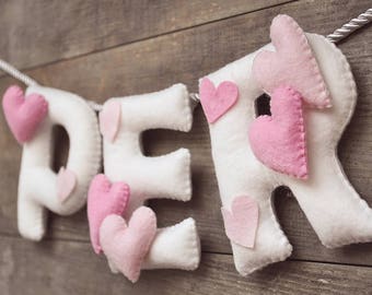 Felt name banner, Pink White Hearts name banner, nursery decor, personalized gift, felt letters, baby girl gift, name garland, custom made