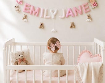 Custom baby felt name banner, Floral Teddy bear nursery decor