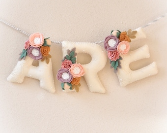 Floral nursery decor, baby custom name, felt name banner, baby name reveal