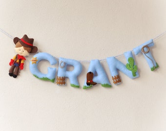 Cowboy nursery decor, baby name reveal, felt name banner, baby shower gift