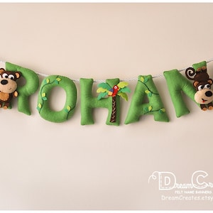 Banner de nombre de fieltro, palmera de mono, decoración de guardería, regalo personalizado, regalo de bebé de letras de fieltro, guirnalda de nombre de bebé de habitación infantil, nombre de fieltro personalizado