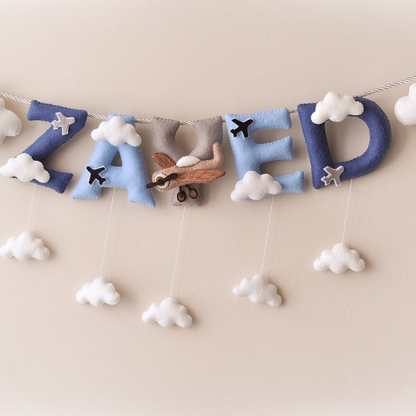 Baby name sign, Airplane and Clouds nursery decor, felt name banner, baby shower gift, baby boy gift, nursery wall art