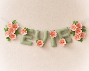 Nursery decor, felt name banner, Hibiscus nursery, baby name reveal, baby shower gift