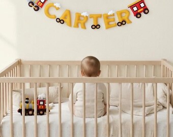 Yellow Train nursery decor, custom baby name banner
