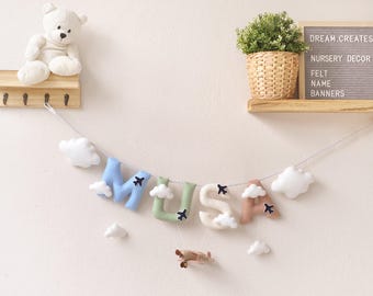 Biplane nursery decor, Airplane baby name banner