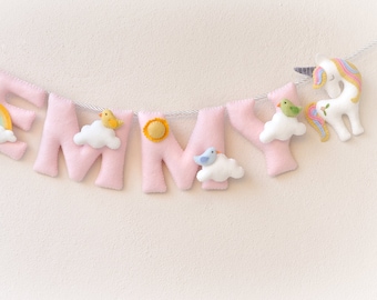 Unicorn nursery decor, baby name banner