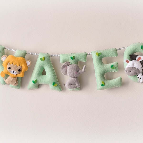 Felt name banner, Mint green Safari animals, nursery decor, baby shower, baby name sign, name banner, baby name garland, custom felt name