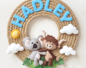 Baby name wreath, koala and bison nursery decor