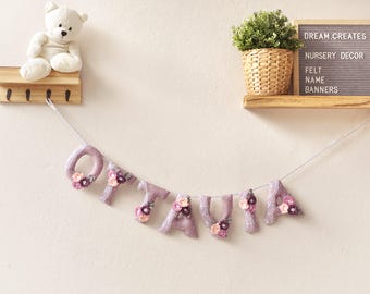 Purple Floral Nursery Decor, felt name banner, custom baby name