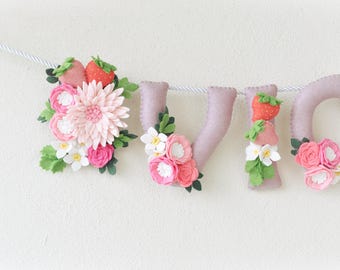Custom Baby Name Banner, Strawberries & Flowers nursery decor