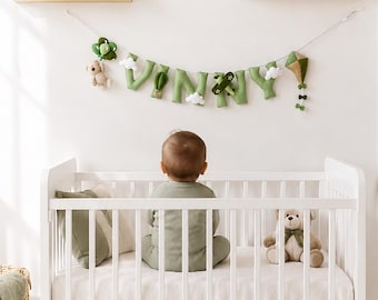 Green Teddy with the balloons nursery decor, baby name banner