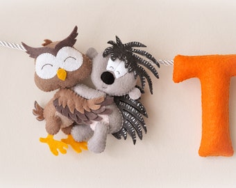 Baby name banner, Porcupine Owl decor, woodland nursery, forest baby decor, baby shower gift