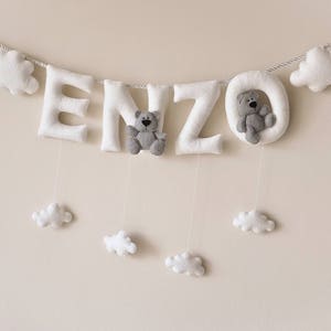 Banner de nombre de fieltro, ositos de peluche de nubes, decoración de guardería personalizada, regalo personalizado, letras de fieltro para bebé, guirnalda con nombre de bebé para habitación infantil, nombre de fieltro personalizado