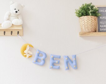 Custom nursery decor, Sleeping Bunny Moon, felt name banner