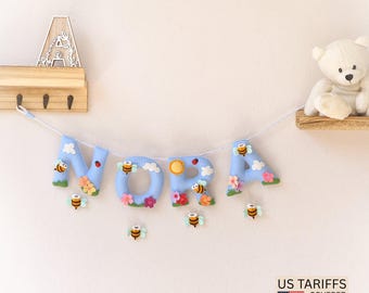 Baby name sign, Bees nursery decor, felt name banner