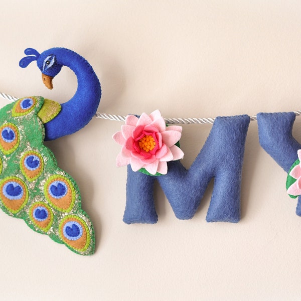 Baby name sign, Peacock nursery decor, Lotus nursery, felt name banner, baby shower gift