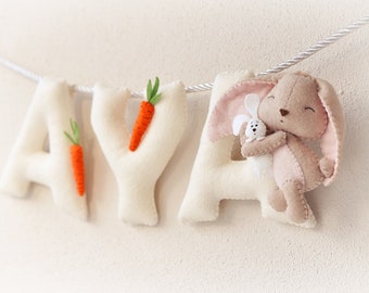 Rabbits nursery decor, baby name banner