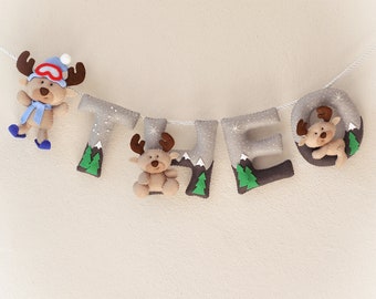 Baby name sign, Skiing nursery decor, felt name banner