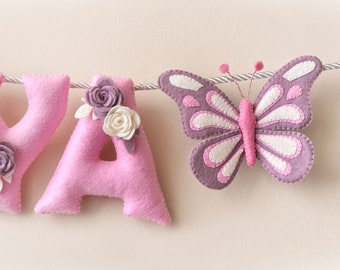 Baby name sign, Butterfly decor, nursery decor, baby shower gift, baby girl gift, felt name banner, nursery wall art, custom made baby name