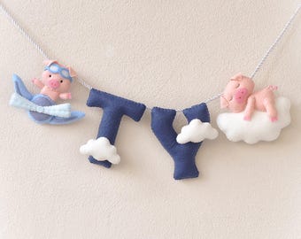 Pig felt name banner, Piglets nursery decor, custom baby name