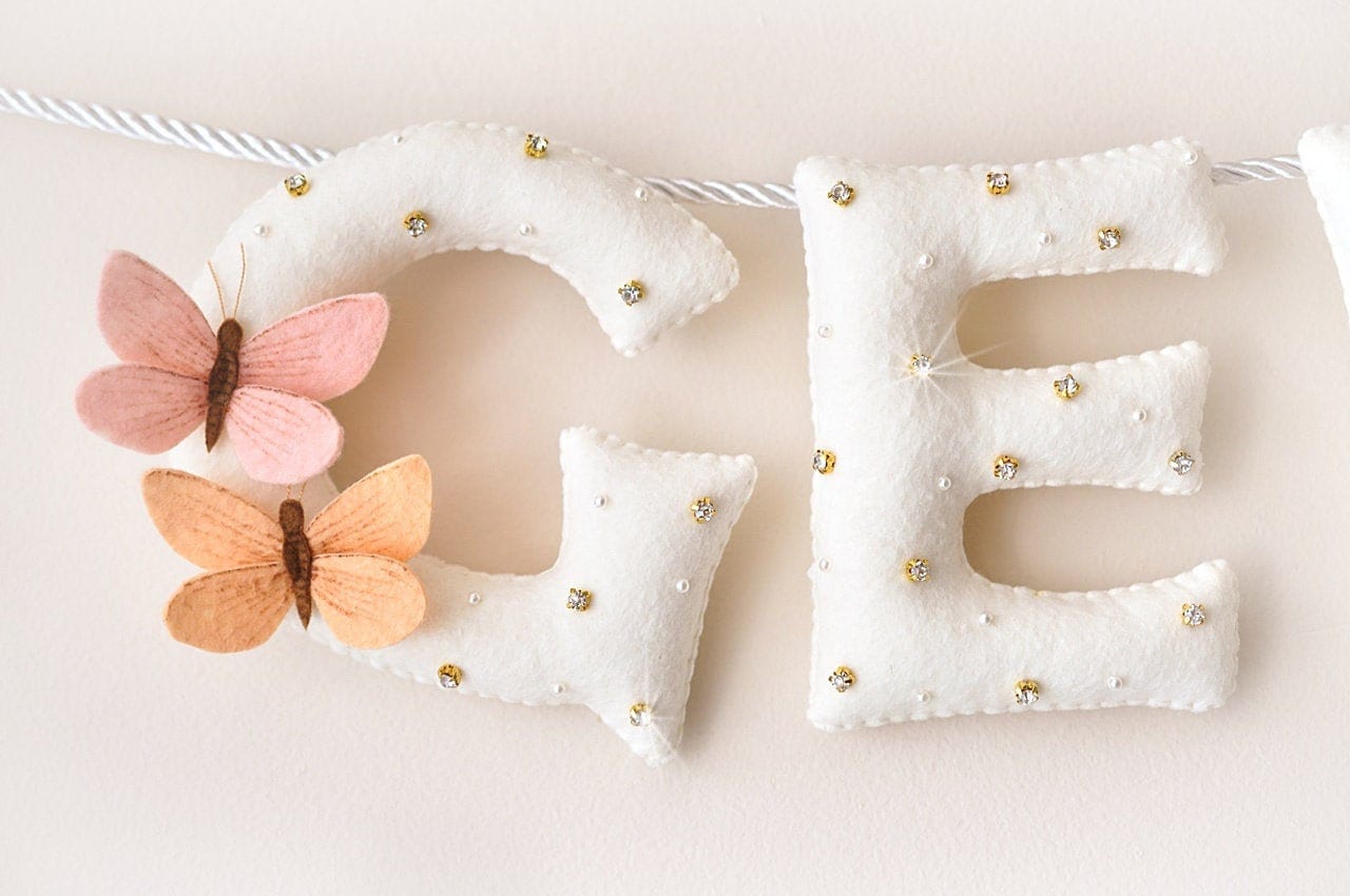 Baby name sign, Butterflies nursery decor, felt name banner, baby shower gift, baby room wall art