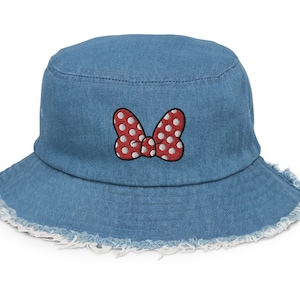 Minnie Mouse Bow Bucket Hat | Embroidered Distressed Denim | 4 Colors | Theme Park Bucket Hat | Character Bucket Hat | Minnie Mouse Gift