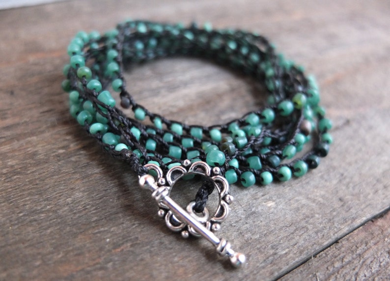 Green black onyx silver toggle bracelet necklace set dainty knotted 6 six wrap rustic hippy chic boho festival crochet jewelry pair set
