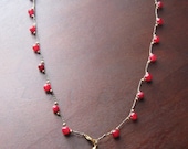 Red crocheted beadwork bohemian wing necklace- carnelian gemstone extra long necklace - bronze wing pendant necklace - red and gold necklace