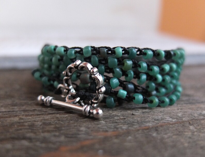 Green black onyx silver toggle bracelet necklace set dainty knotted 6 six wrap rustic hippy chic boho festival crochet jewelry pair set