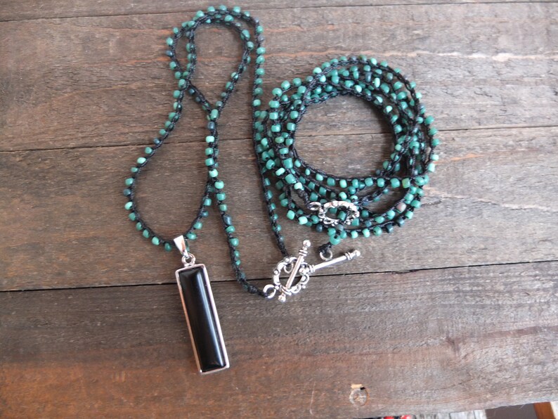 Green black onyx silver toggle bracelet necklace set dainty knotted 6 six wrap rustic hippy chic boho festival crochet jewelry pair set