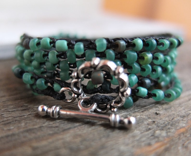 Green black onyx silver toggle bracelet necklace set dainty knotted 6 six wrap rustic hippy chic boho festival crochet jewelry pair set