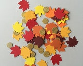 Paper Confetti: Thanksgiving Table Decor, Fall Decor, Autumn Leaves and Gold Glitter Circles. Yellow, Orange, Red and Burgundy