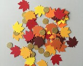 Paper Confetti: Thanksgiving Table Decor, Fall Decor, Autumn Leaves and Gold Glitter Circles. Yellow, Orange, Red and Burgundy