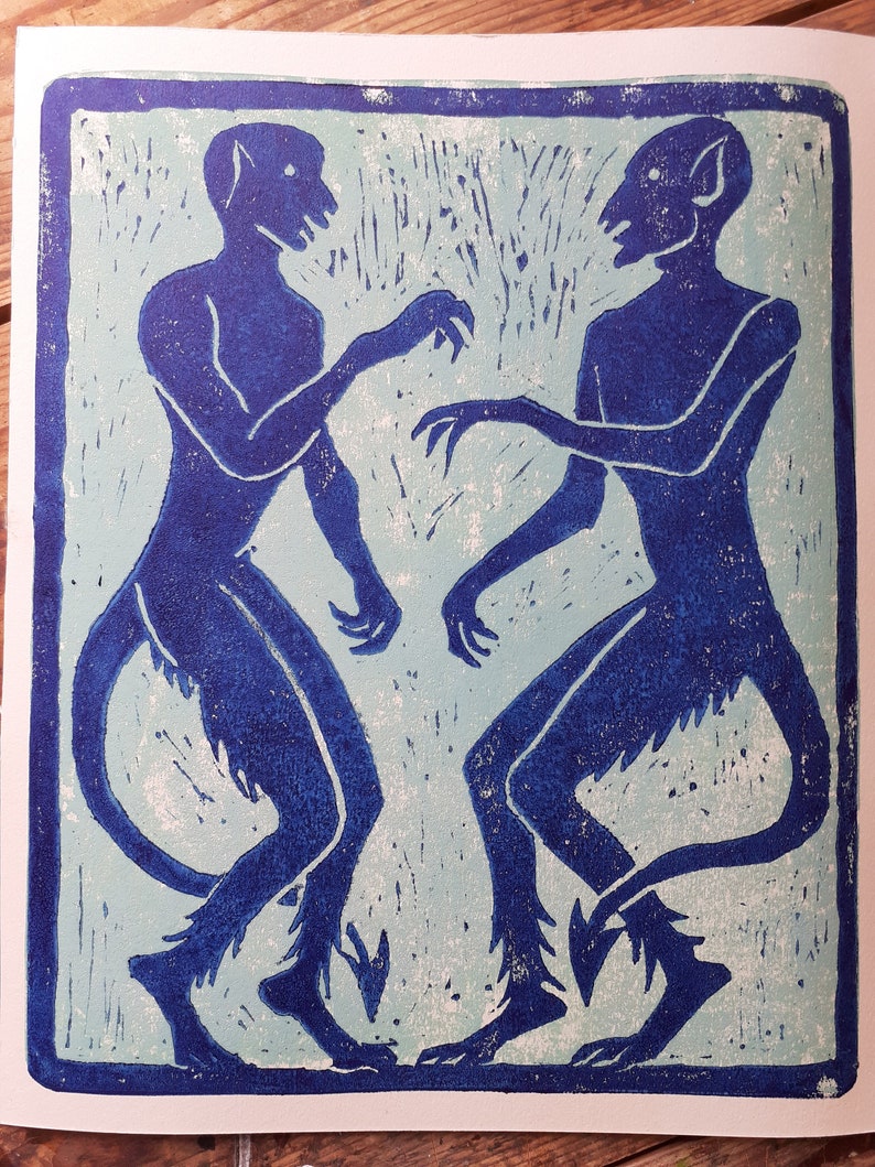BLUE DEMONS Unframed Linocut/ Devil Print/ Demon Print/ Devil Etsy