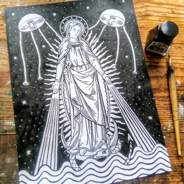 Gothic Virgin Mary original pen and ink. With added aliens