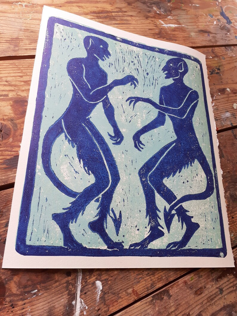 BLUE DEMONS Unframed Linocut/ Devil Print/ Demon Print/ Devil Etsy