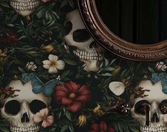 Blumen Schädel Tapete | Gothic Schälen und Aufkleben Tapete