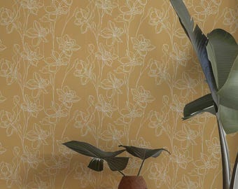 Daffodil Floral Peel and Stick Wallpaper | Neutral Botanical Line Art Wallpaper | Removable Modern Boho Wall Decor 518