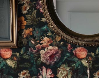 Stimmungsvolle Blumen Tapete zum Abziehen und Aufkleben | Dunkles botanisches Vintage Wandbild