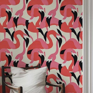 Flamingo Wallpaper, Bold Pink Flamingo Wall Mural, Peel and Stick or Traditional, Nursery, Kids Room, Bedroom Tropical Bird Wallpaper 439