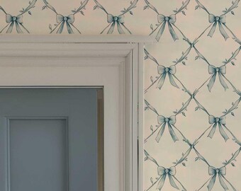 Vintage-Tapete mit blauer Schleife: Retro-Wanddekoration zum Abziehen und Aufkleben