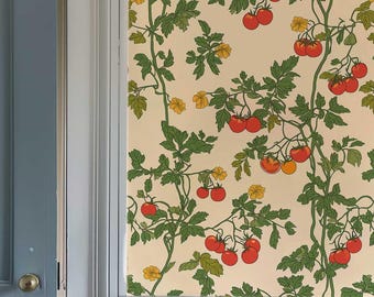 Retro Tomato Peel and Stick Wallpaper | Farmhouse Kitchen Wall Mural | Cottagecore Kitchen Decor514