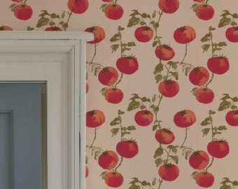 Retro Tomato Wallpaper, Kitchen Wall Mural, Vegetable Pattern, Peel and Stick or Paste Wallpaper, Whimsical Food Decor 489