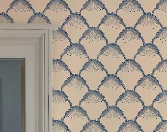 Blue Scallop Shell Wallpaper | Nautical Coastal Marine Wall Mural | Beach House Peel and Stick Decor | Ocean Inspired Accent Wall 519