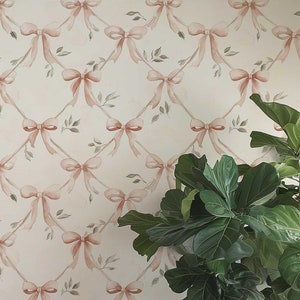 Carta da parati con fiocco per bambini, carta da parati murale con nastro vintage staccabile e attaccabile, decorazione murale rosa chiaro, parete decorativa botanica per camera da letto francese 296L