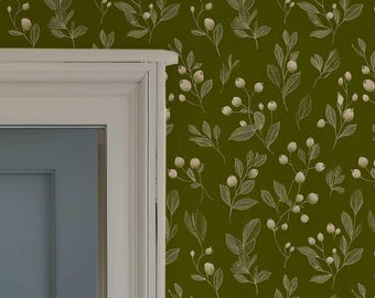 Green Berry Wallpaper Peel and Stick, Cottage Botanical Wallpaper, Removable Wallpaper 477