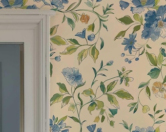Blue Floral Peel and Stick Wallpaper: Vintage Botanical Wall Mural