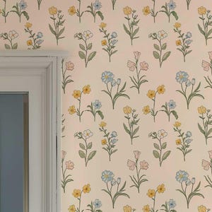 Papier peint floral vintage, papier peint autocollant ou traditionnel, décoration murale botanique douce, décoration murale jardin de fleurs sauvages, art floral amovible 440