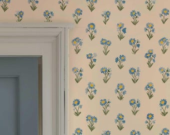 Cottagecore Cornflower Wallpaper | Minimal Blue Wildflower Floral Wall Mural | Romantic Scandinavian Botanical Decor 513
