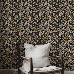 Dark Botanical Bird Wallpaper: Earthy Green Peel and Stick